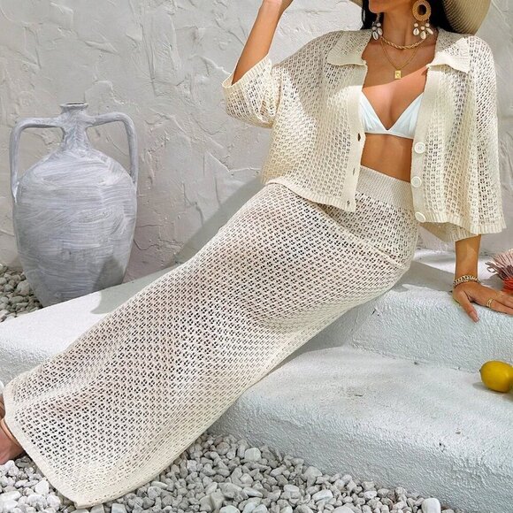 Beige Women's Shirt Blouse And Skirt Two Piece Outfit Cover Up Set - Picture 3 of 5